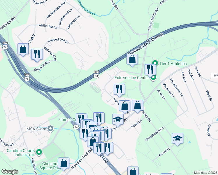 map of restaurants, bars, coffee shops, grocery stores, and more near 1050 Van Buren Avenue in Indian Trail