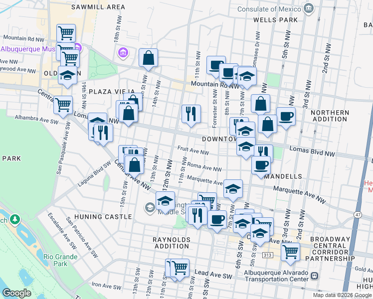 map of restaurants, bars, coffee shops, grocery stores, and more near 600 11th Street Northwest in Albuquerque