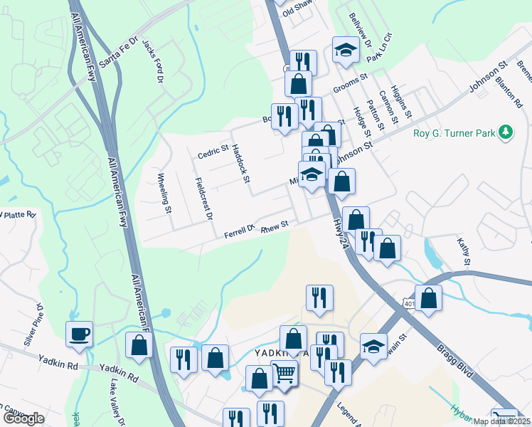 map of restaurants, bars, coffee shops, grocery stores, and more near 218 Gertrude Street in Fayetteville