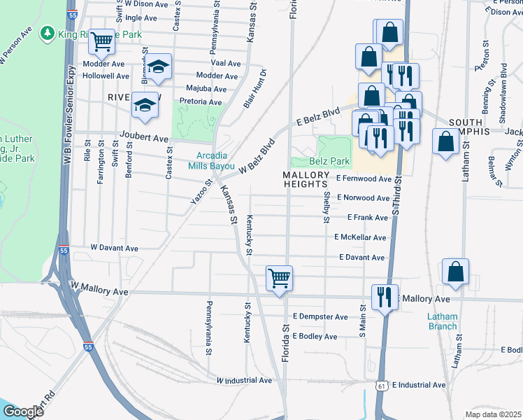 map of restaurants, bars, coffee shops, grocery stores, and more near 50 West Frank Avenue in Memphis