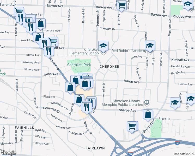 map of restaurants, bars, coffee shops, grocery stores, and more near 1496 Semmes Street in Memphis