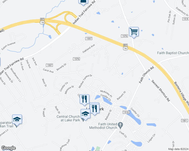 map of restaurants, bars, coffee shops, grocery stores, and more near 4102 Mother Teresa Drive in Indian Trail