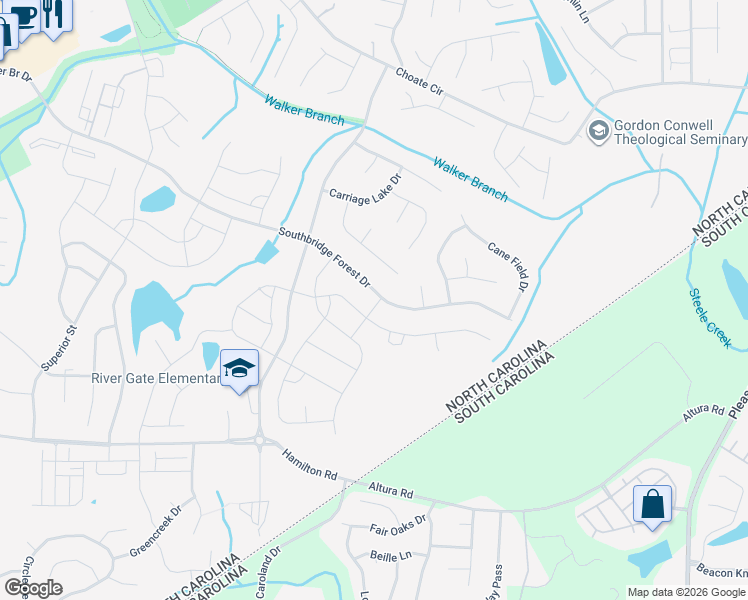 map of restaurants, bars, coffee shops, grocery stores, and more near 14150 Southbridge Forest Drive in Charlotte