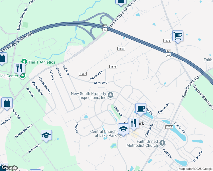 map of restaurants, bars, coffee shops, grocery stores, and more near 3906 Grace Court in Indian Trail