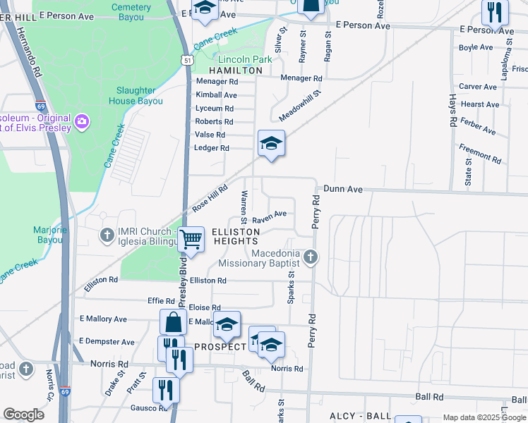 map of restaurants, bars, coffee shops, grocery stores, and more near 1991 Silver Street in Memphis