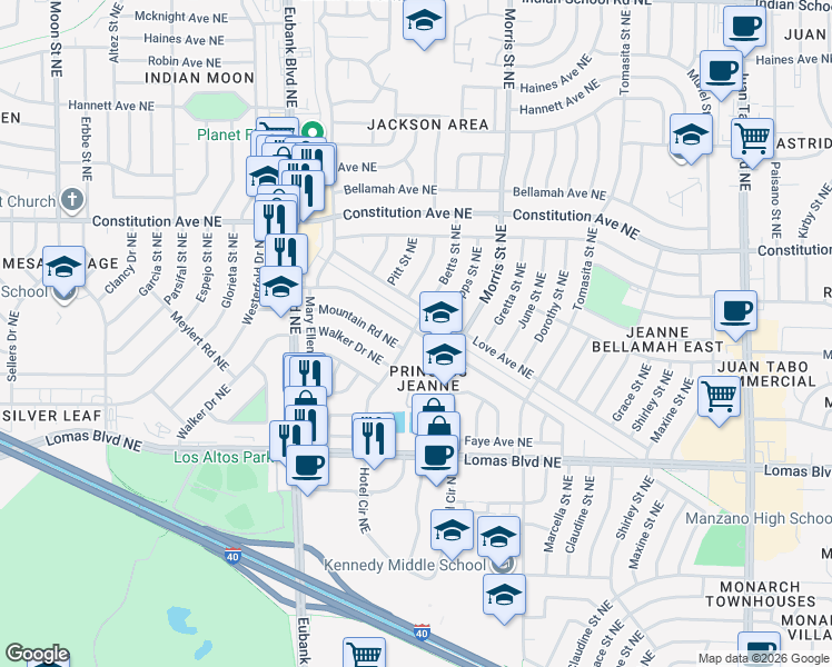 map of restaurants, bars, coffee shops, grocery stores, and more near 10704 San Jacinto Avenue Northeast in Albuquerque