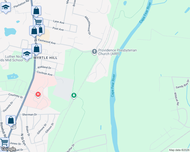 map of restaurants, bars, coffee shops, grocery stores, and more near 2675 Rivercliff Road in Fayetteville