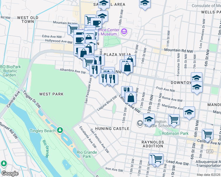 map of restaurants, bars, coffee shops, grocery stores, and more near 1718 Central Avenue Southwest in Albuquerque
