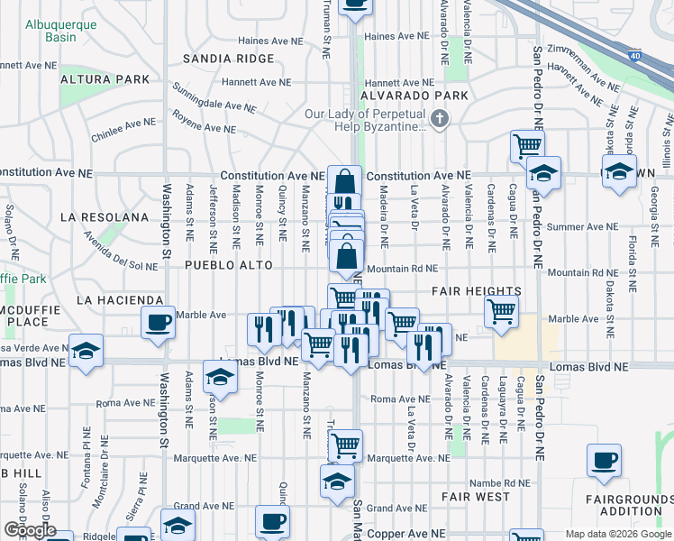 map of restaurants, bars, coffee shops, grocery stores, and more near 5204 Mountain Road Northeast in Albuquerque