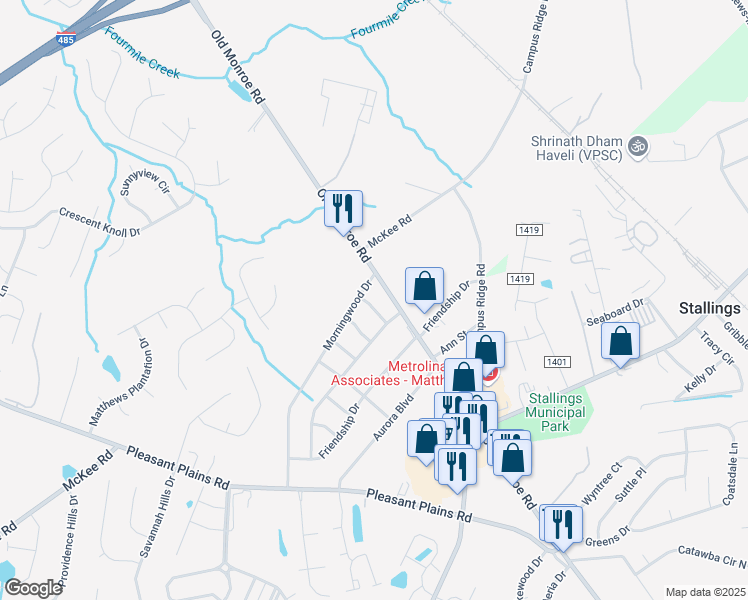 map of restaurants, bars, coffee shops, grocery stores, and more near 13917 Hardwood Place in Matthews