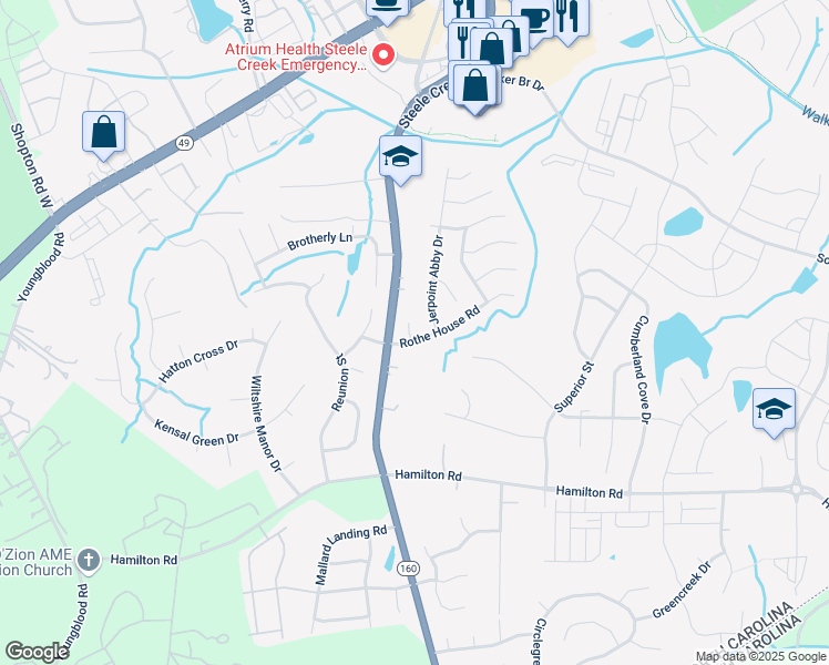 map of restaurants, bars, coffee shops, grocery stores, and more near 13118 Rothe House Road in Charlotte