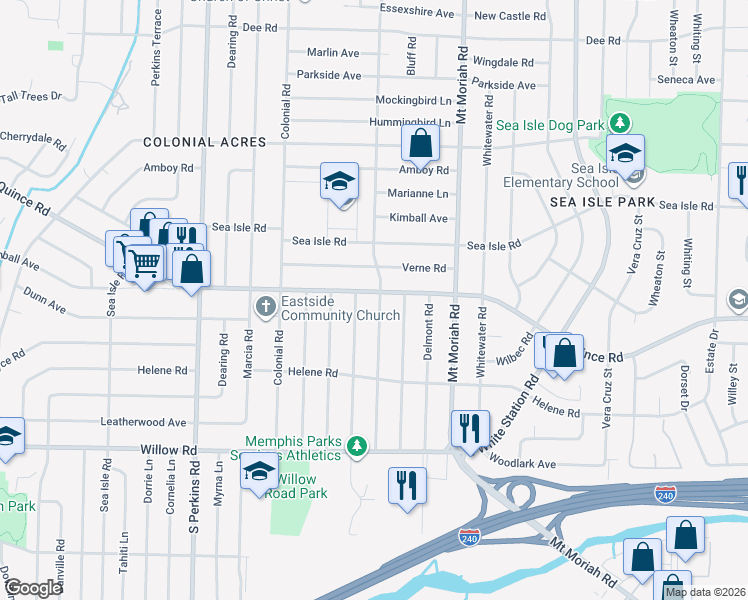 map of restaurants, bars, coffee shops, grocery stores, and more near 1485 Ivy Road in Memphis