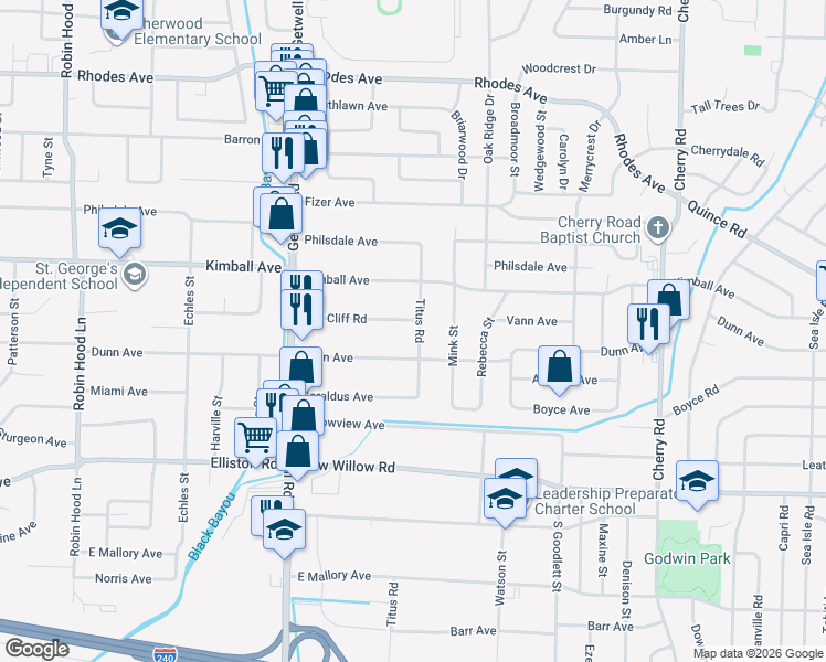 map of restaurants, bars, coffee shops, grocery stores, and more near 4077 Oak Cliff Road in Memphis