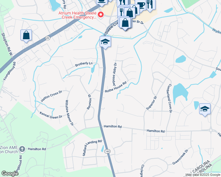 map of restaurants, bars, coffee shops, grocery stores, and more near 13118 Rothe House Rd in Charlotte