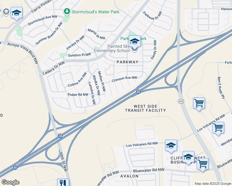 map of restaurants, bars, coffee shops, grocery stores, and more near 609 Painted Sky Place Northwest in Albuquerque