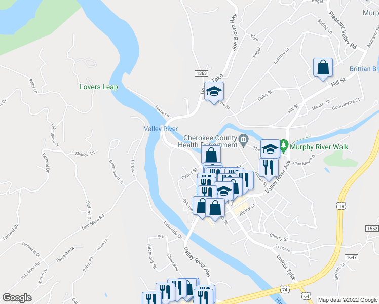 map of restaurants, bars, coffee shops, grocery stores, and more near 301 Tennessee Street in Murphy