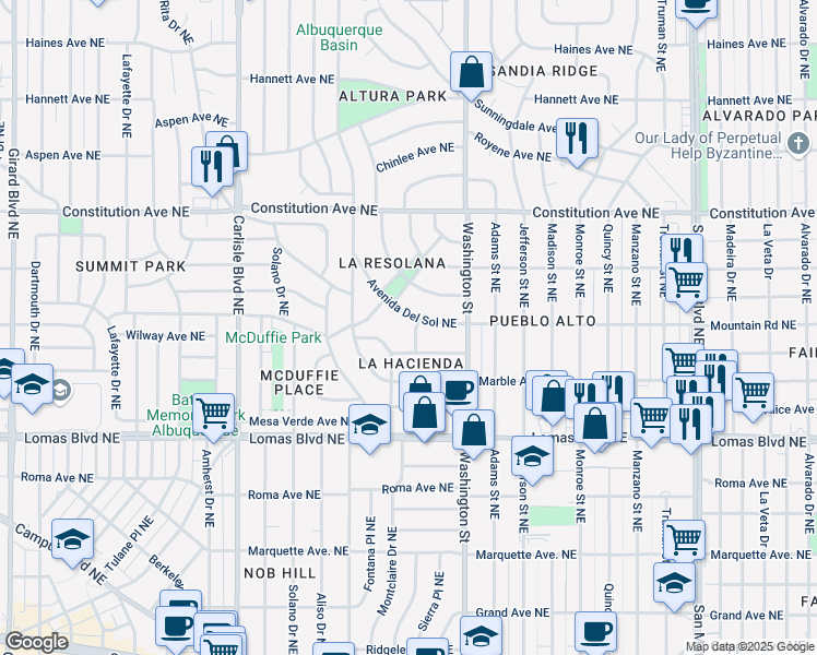 map of restaurants, bars, coffee shops, grocery stores, and more near 819 Calle Del Corte Northeast in Albuquerque