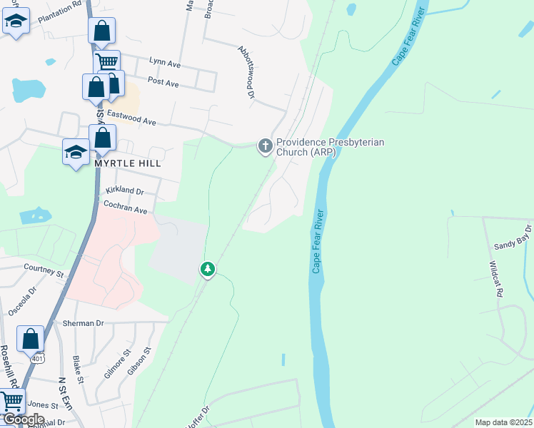map of restaurants, bars, coffee shops, grocery stores, and more near 2675 Rivercliff Road in Fayetteville