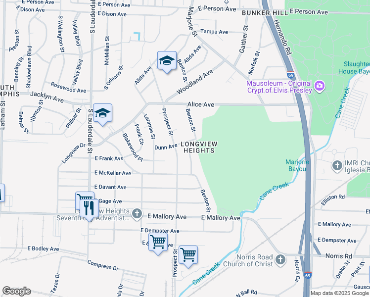 map of restaurants, bars, coffee shops, grocery stores, and more near 2045 Benton Street in Memphis