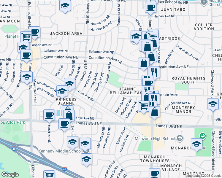 map of restaurants, bars, coffee shops, grocery stores, and more near 11501 Mountain Road Northeast in Albuquerque