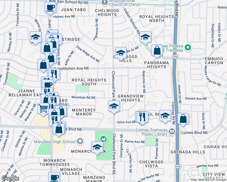 map of restaurants, bars, coffee shops, grocery stores, and more near 1109 Chelwood Park Boulevard Northeast in Albuquerque