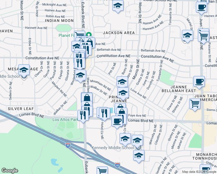 map of restaurants, bars, coffee shops, grocery stores, and more near 10704 San Jacinto Avenue Northeast in Albuquerque