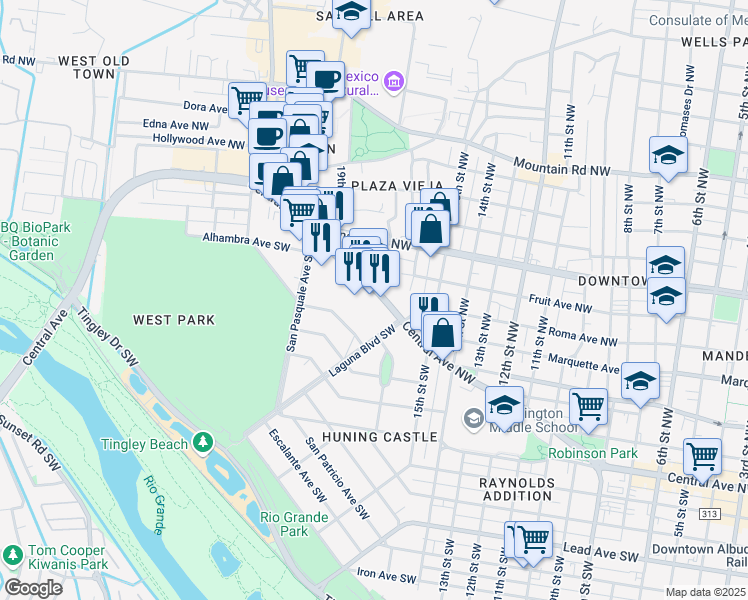 map of restaurants, bars, coffee shops, grocery stores, and more near 1718 Central Avenue Southwest in Albuquerque