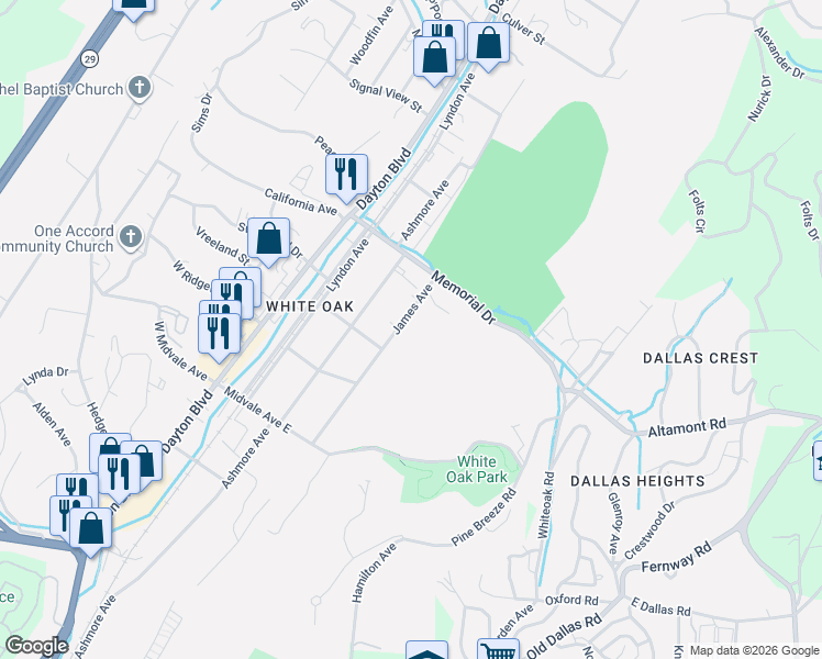 map of restaurants, bars, coffee shops, grocery stores, and more near 2214 James Avenue in Chattanooga