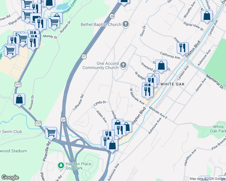 map of restaurants, bars, coffee shops, grocery stores, and more near 313 Hedgewood Drive in Chattanooga