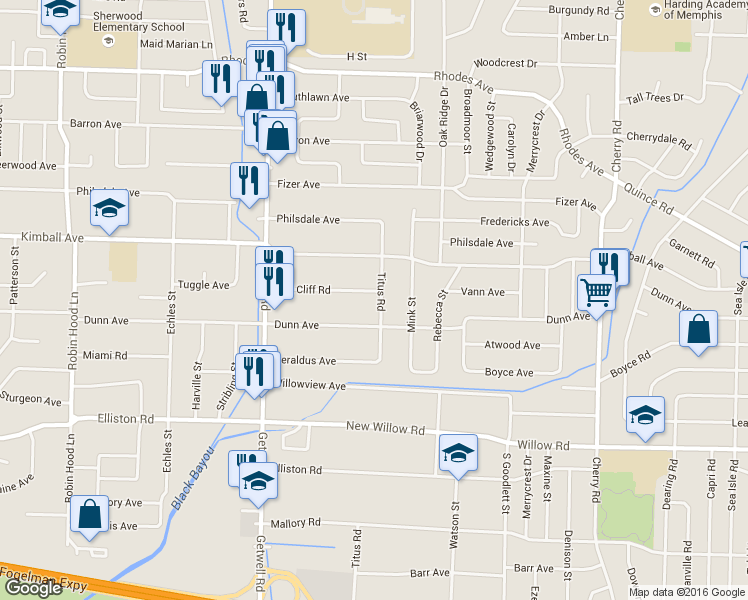map of restaurants, bars, coffee shops, grocery stores, and more near 4077 Oak Cliff Road in Memphis
