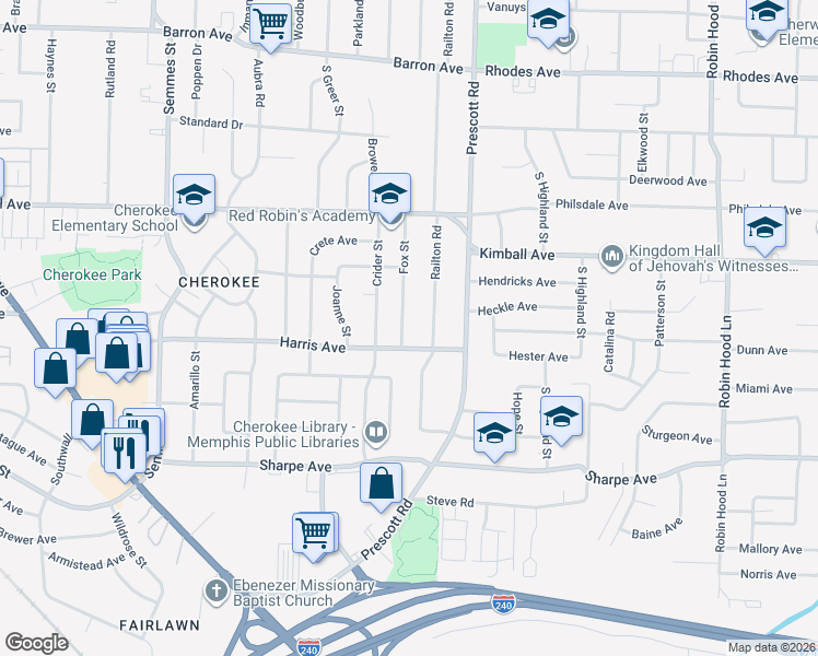 map of restaurants, bars, coffee shops, grocery stores, and more near 1493 Fox Street in Memphis