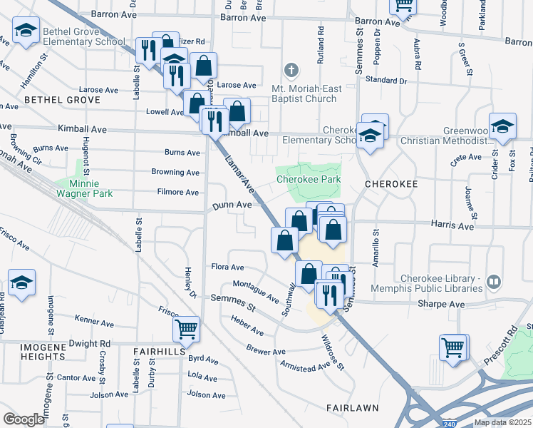 map of restaurants, bars, coffee shops, grocery stores, and more near 2877 Lamar Avenue in Memphis