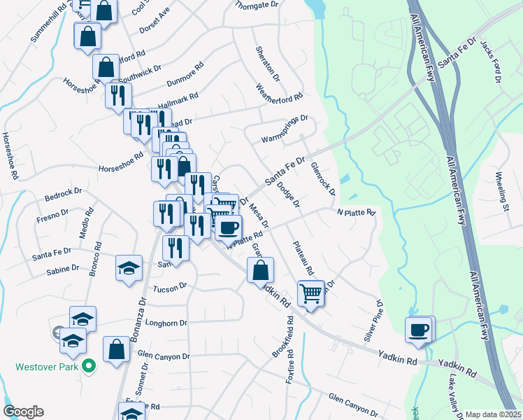 map of restaurants, bars, coffee shops, grocery stores, and more near 5506 Mesa Drive in Fayetteville