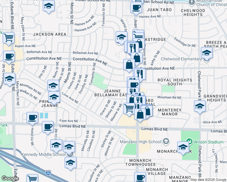 map of restaurants, bars, coffee shops, grocery stores, and more near 11613 Rosemont Avenue Northeast in Albuquerque