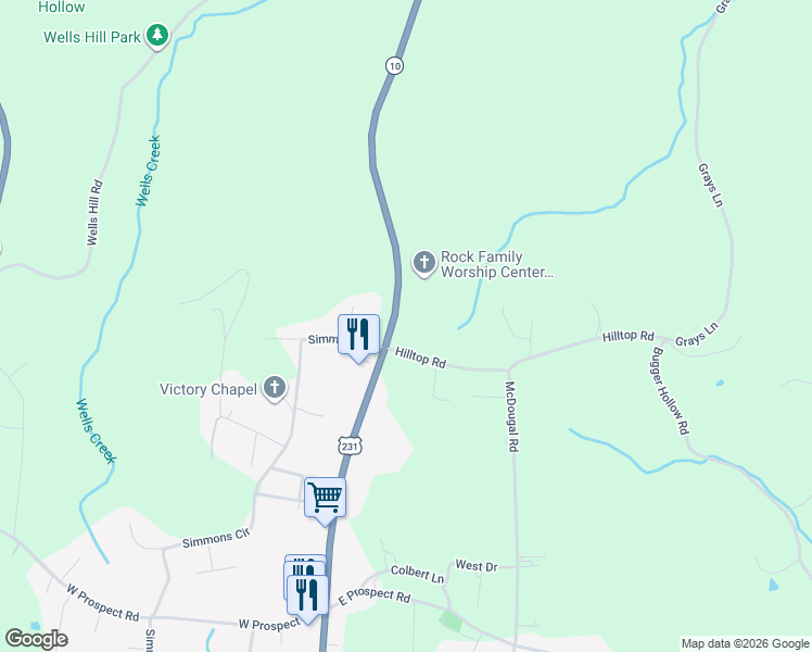 map of restaurants, bars, coffee shops, grocery stores, and more near 2638 Huntsville Highway in Fayetteville