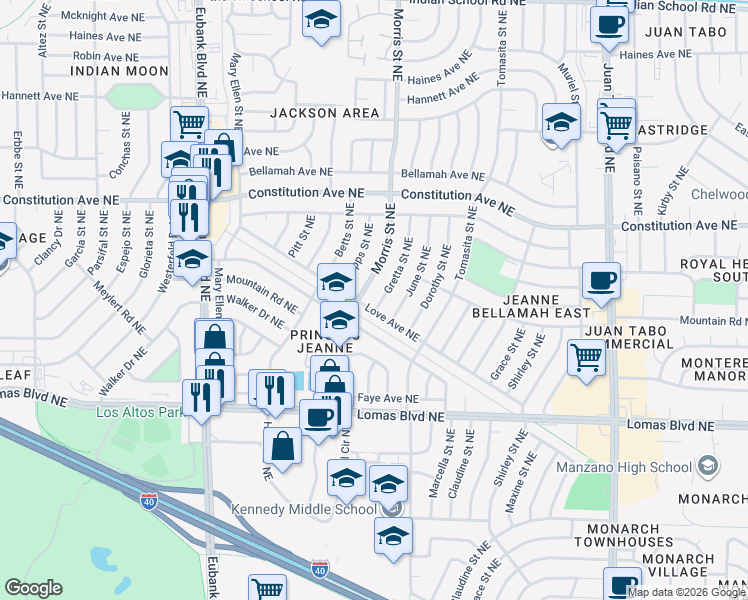 map of restaurants, bars, coffee shops, grocery stores, and more near 1107 Gretta Street Northeast in Albuquerque