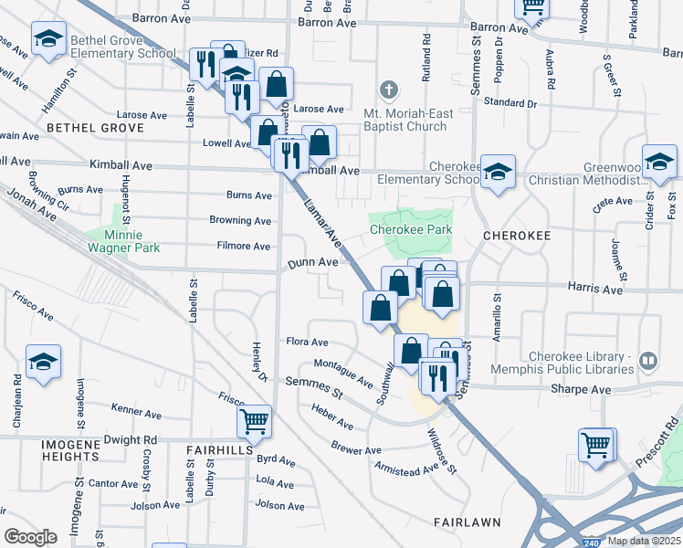 map of restaurants, bars, coffee shops, grocery stores, and more near 2877 Lamar Avenue in Memphis