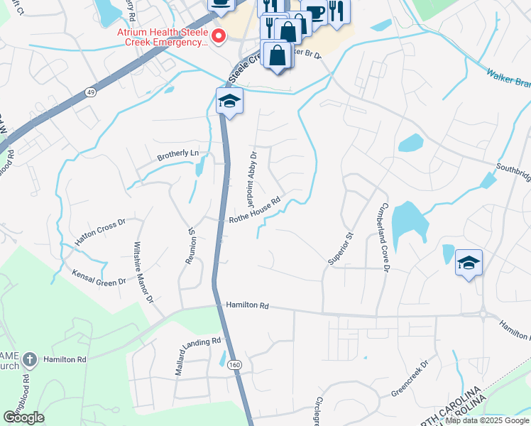 map of restaurants, bars, coffee shops, grocery stores, and more near 13031 Rothe House Road in Charlotte