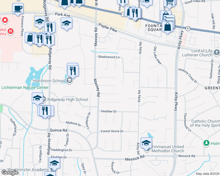 map of restaurants, bars, coffee shops, grocery stores, and more near 6399 Candlewood Cove in Memphis