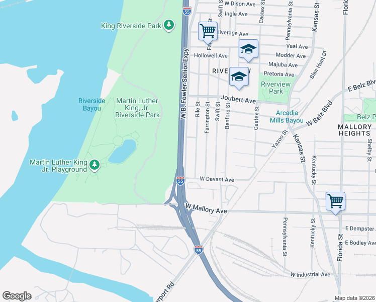 map of restaurants, bars, coffee shops, grocery stores, and more near 2076 Riverside Boulevard in Memphis