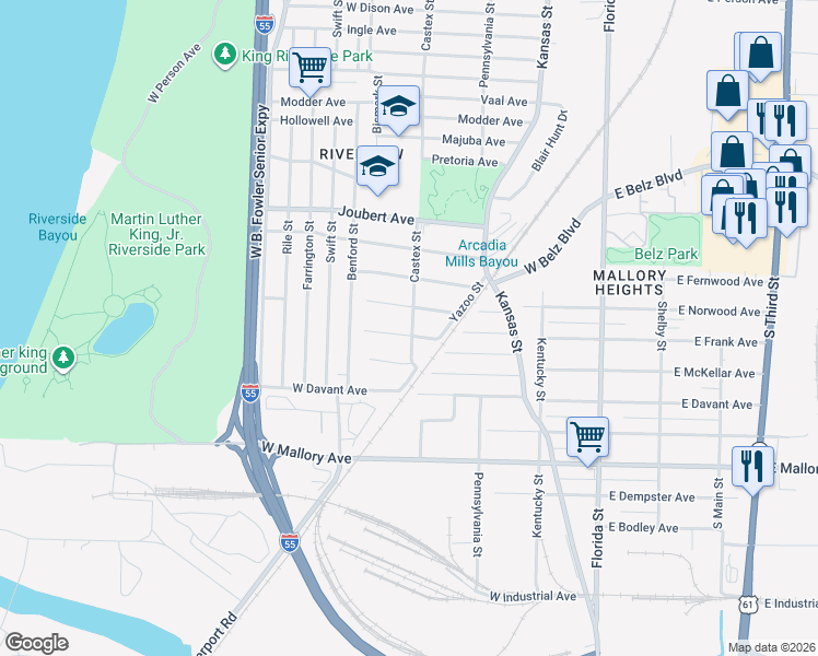 map of restaurants, bars, coffee shops, grocery stores, and more near 230 West Frank Avenue in Memphis