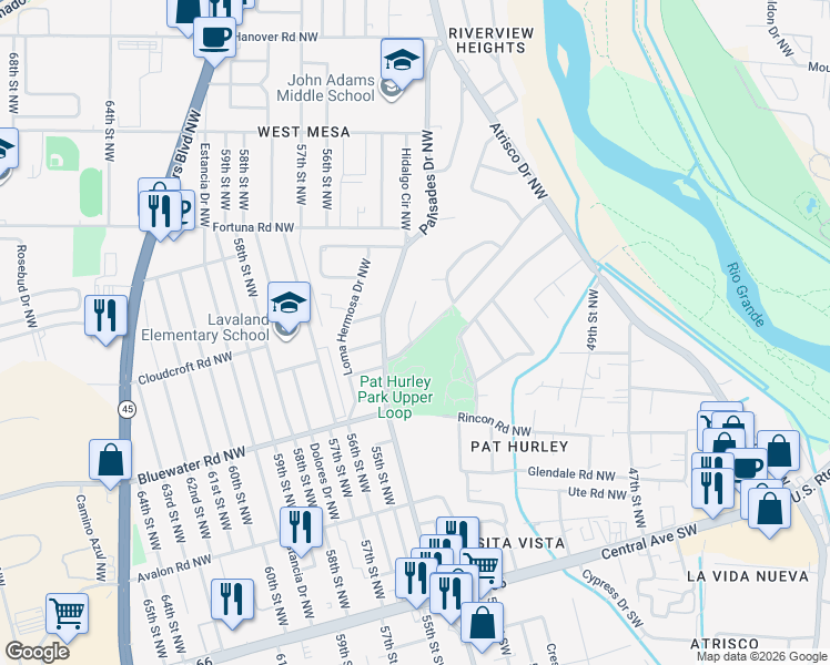 map of restaurants, bars, coffee shops, grocery stores, and more near 5231 La Bajada Road Northwest in Albuquerque