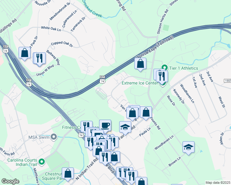 map of restaurants, bars, coffee shops, grocery stores, and more near 1050 Van Buren Avenue in Indian Trail