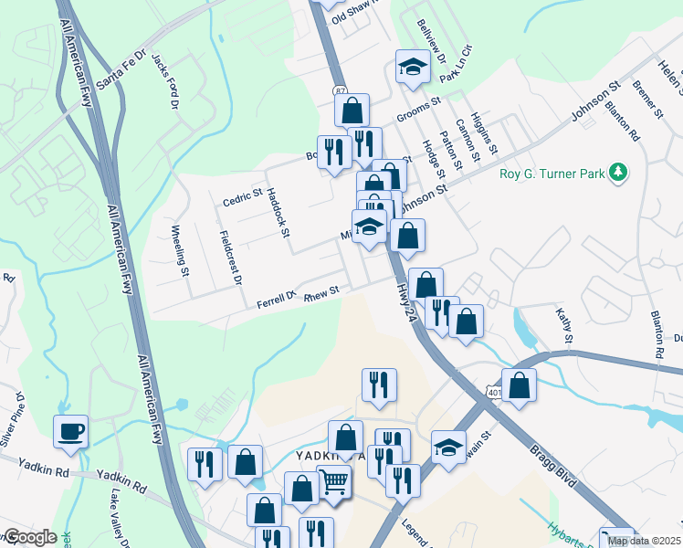 map of restaurants, bars, coffee shops, grocery stores, and more near 201 Gertrude Street in Fayetteville
