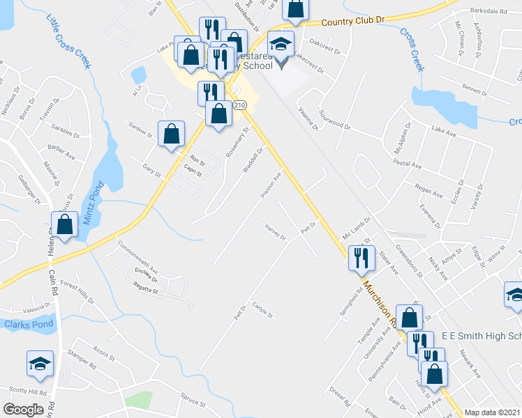 map of restaurants, bars, coffee shops, grocery stores, and more near 213 Preston Avenue in Fayetteville