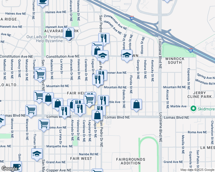 map of restaurants, bars, coffee shops, grocery stores, and more near 6313 Mountain Road Northeast in Albuquerque