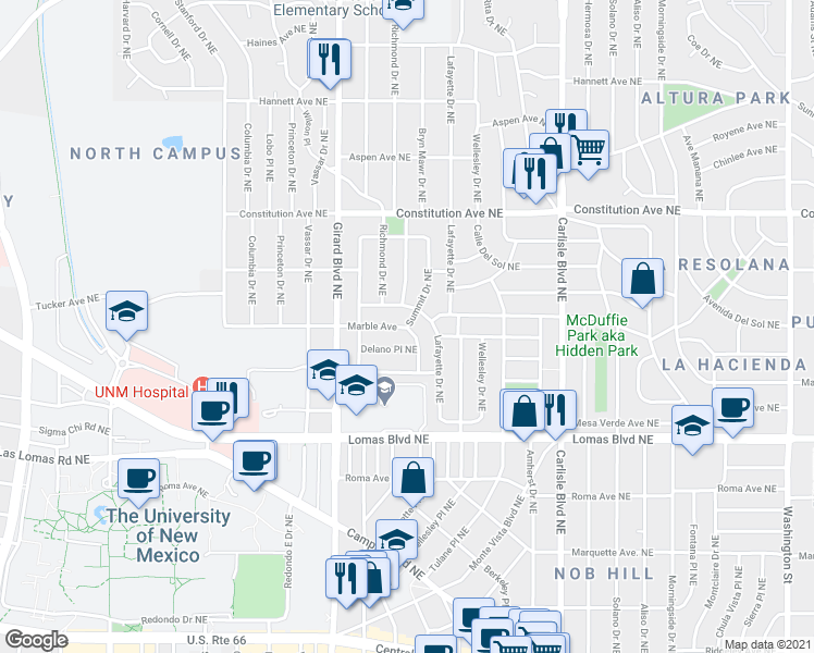 map of restaurants, bars, coffee shops, grocery stores, and more near Marble Ave NE & Summit Dr NE in Albuquerque