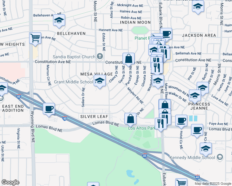 map of restaurants, bars, coffee shops, grocery stores, and more near 1019 Parsifal Street Northeast in Albuquerque