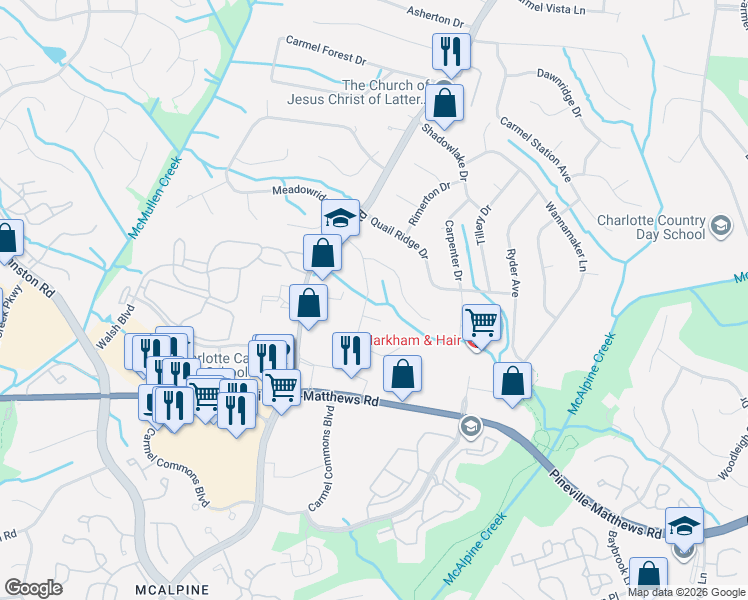 map of restaurants, bars, coffee shops, grocery stores, and more near 7314 Brigmore Dr in Charlotte