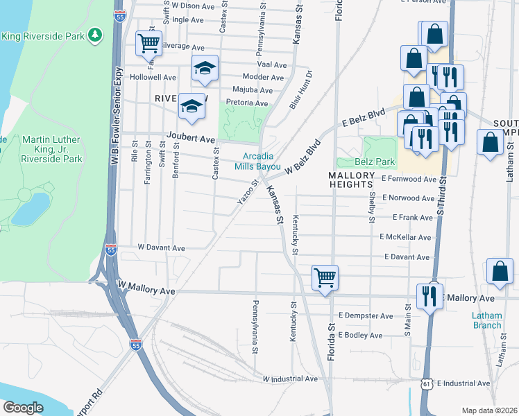 map of restaurants, bars, coffee shops, grocery stores, and more near 138 W Frank Ave in Memphis